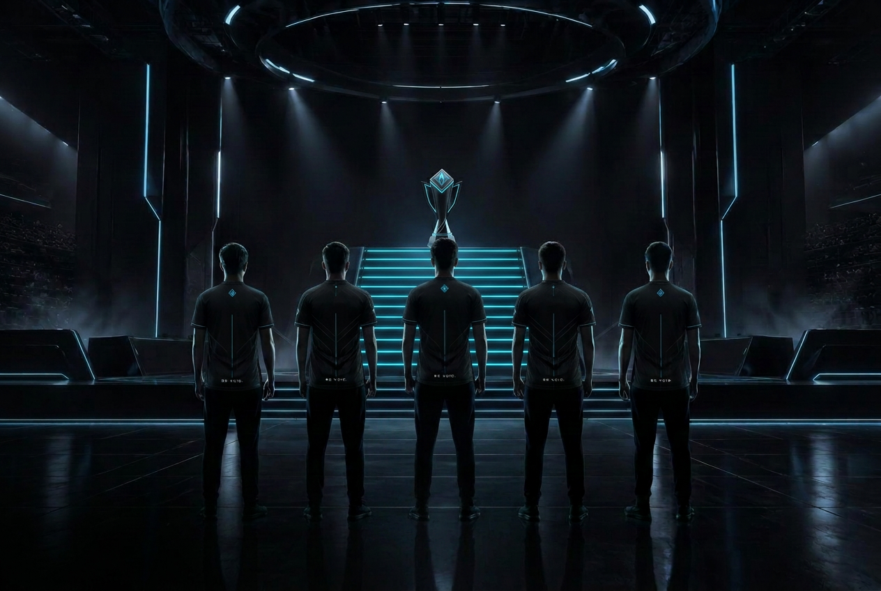 Cinq joueurs VOID en maillot Phase 3 vus de dos face au trophée placé en haut des escaliers